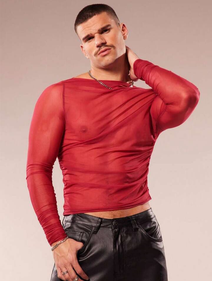 Men's Sheer Mesh V-Neck Slim Fit Cropped Tshirt